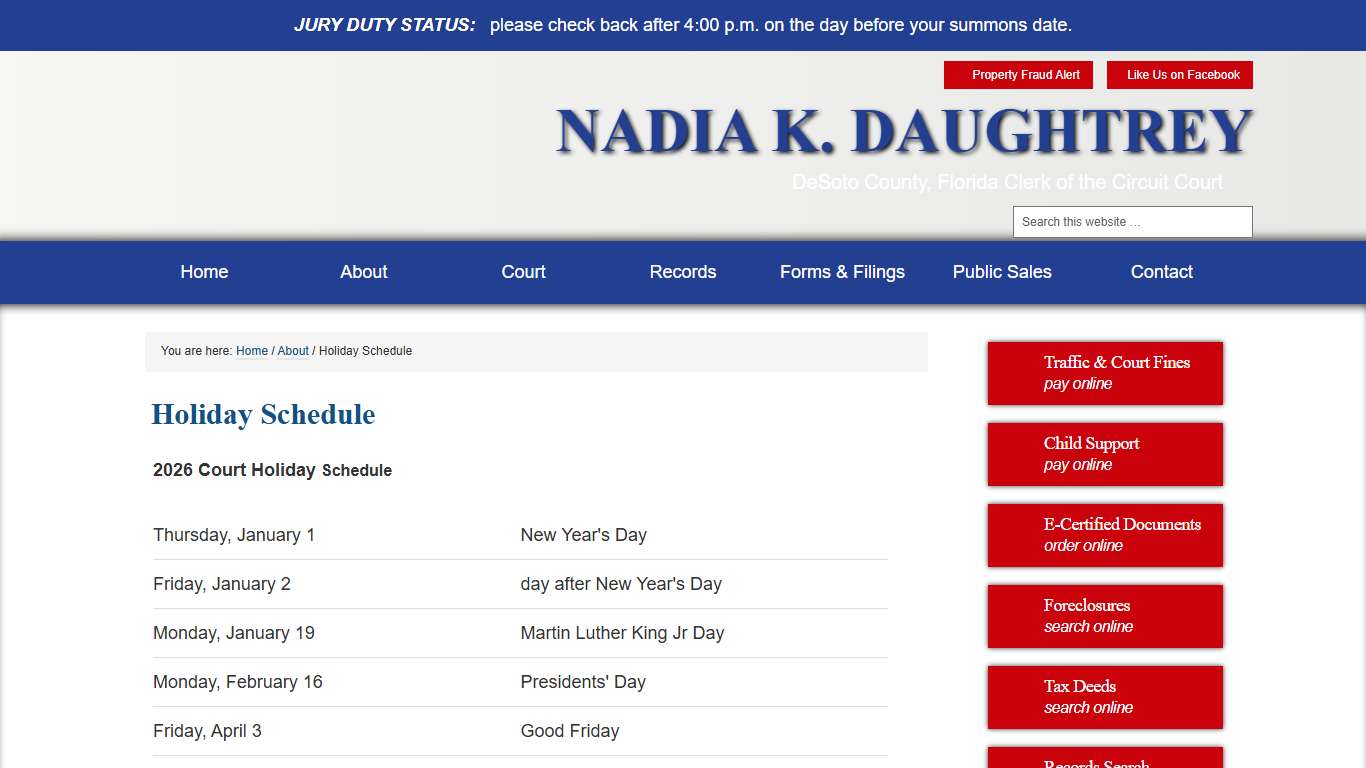 DeSoto County Clerk of Courts - Holiday Schedule